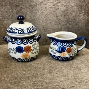 Polish Pottery in Flower Power Pattern Covered Sugar and Creamer Set.